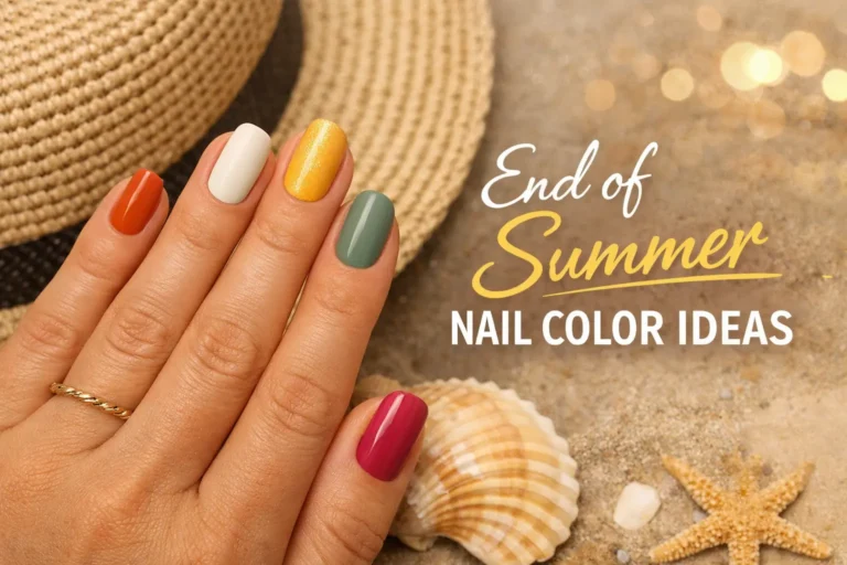 summer nail shades, featuring warm tones like coral, yellow, nude, and green against a soft beach-inspired background with the text "End of Summer Nail Color Ideas