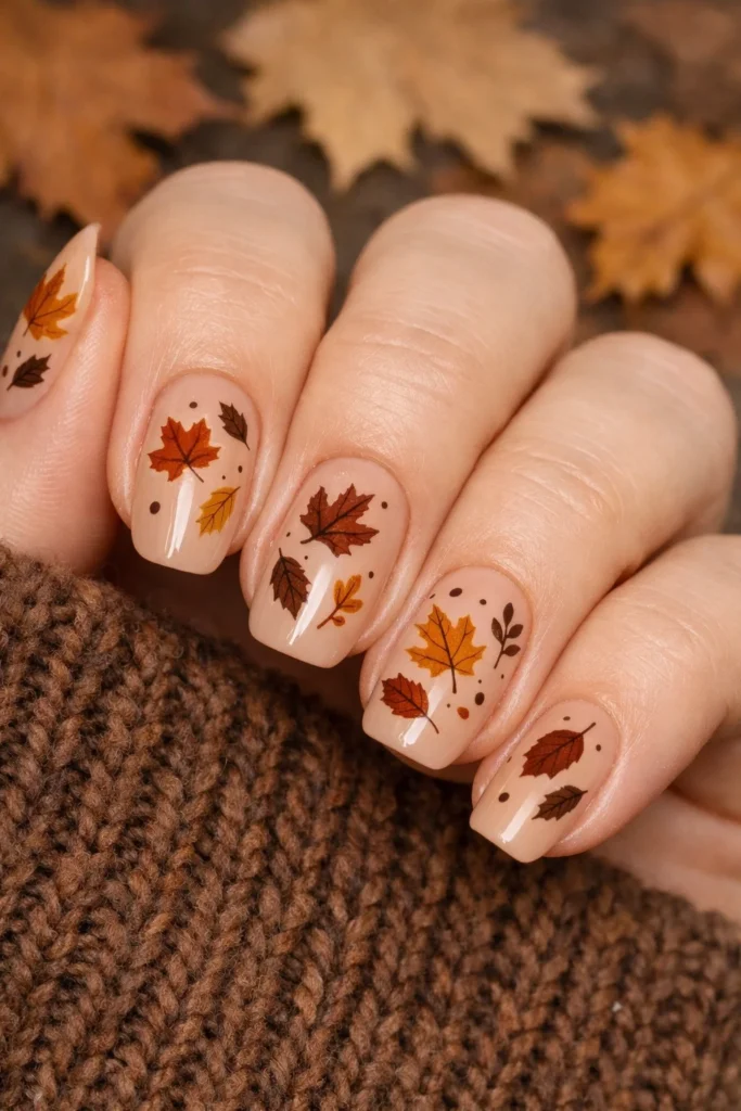 Fall leaves nail art in brown rust and amber tones