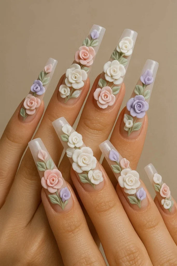Long acrylic nails with 3D floral nail art in blush tones