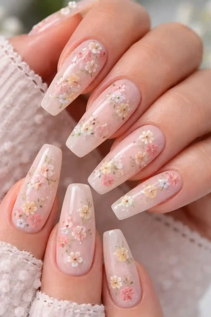 Floral coffin nails with hand-painted roses and cherry blossoms on a sheer pastel base