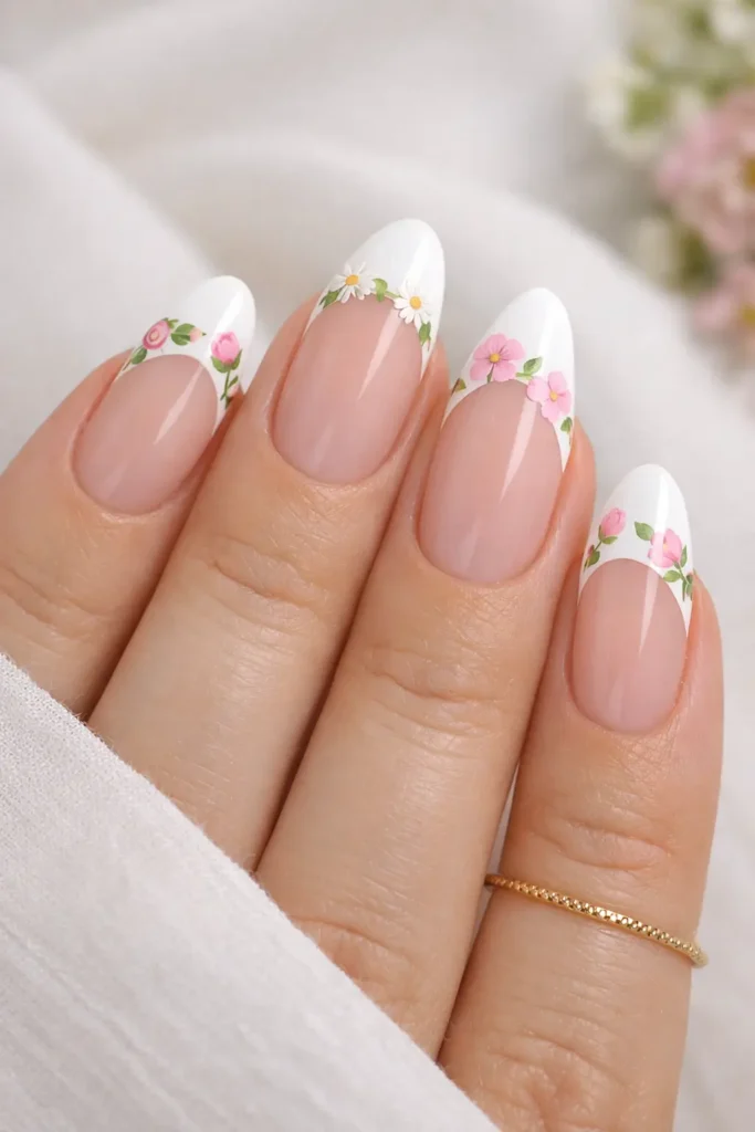 Floral french tip nails with hand painted rosebuds and daisies along the white tip line on almond nails