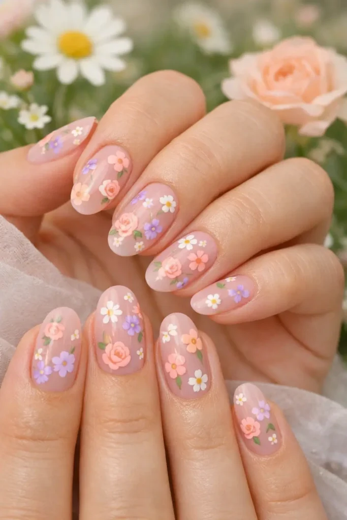 Floral pastel nail ideas with tiny hand painted flowers on sheer pink base