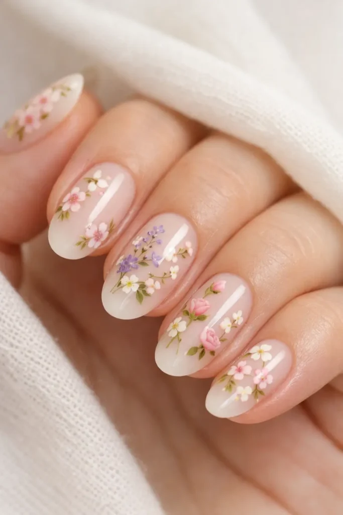 Floral spring nails with delicate hand-painted cherry blossoms and rosebuds on a sheer nude base
