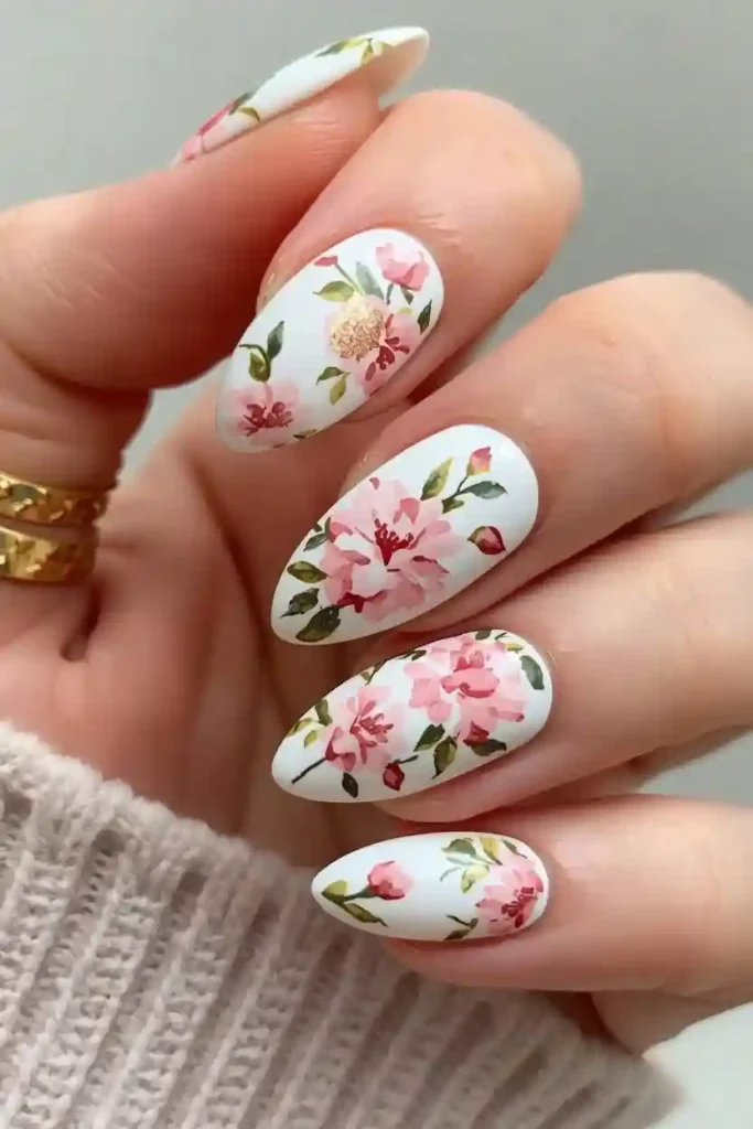 Floral watercolor almond nails with loose pink and green brushstrokes