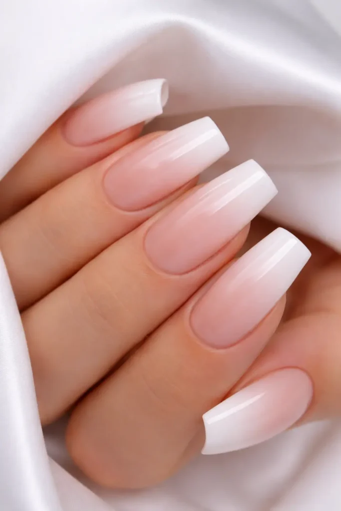 French ombre nails baby boomer style with sheer nude to white gradient on square nails
