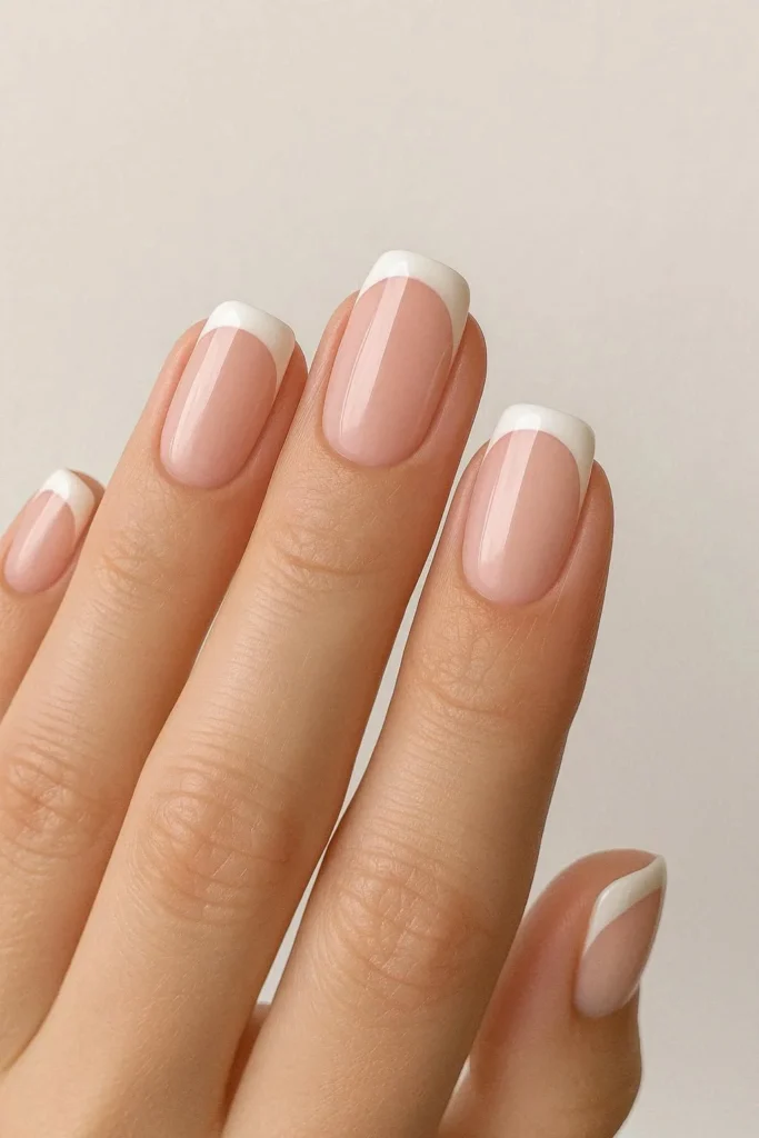 Classic French tip nails with a soft pink nude base and white tips
