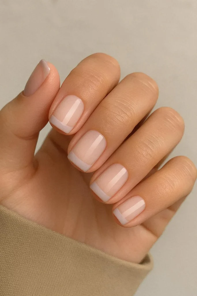Modern French tip short square acrylic nails in lavender
