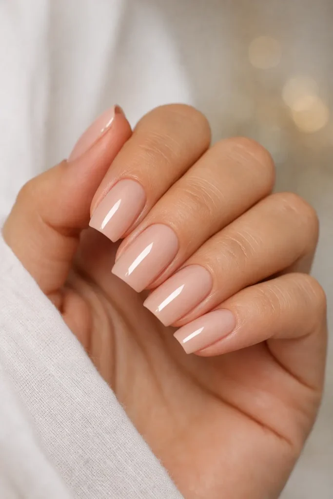 Glossy nude gel nails with high-shine finish on short almond nails
