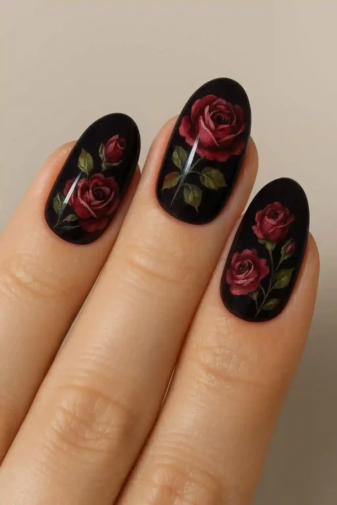 Gel nails with hand-painted floral art featuring dainty daisies on sheer base
