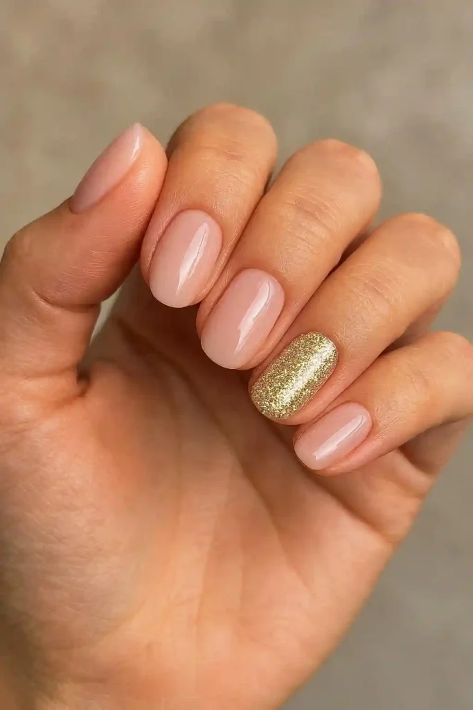 Gel nails with a single holographic glitter accent nail on neutral set
