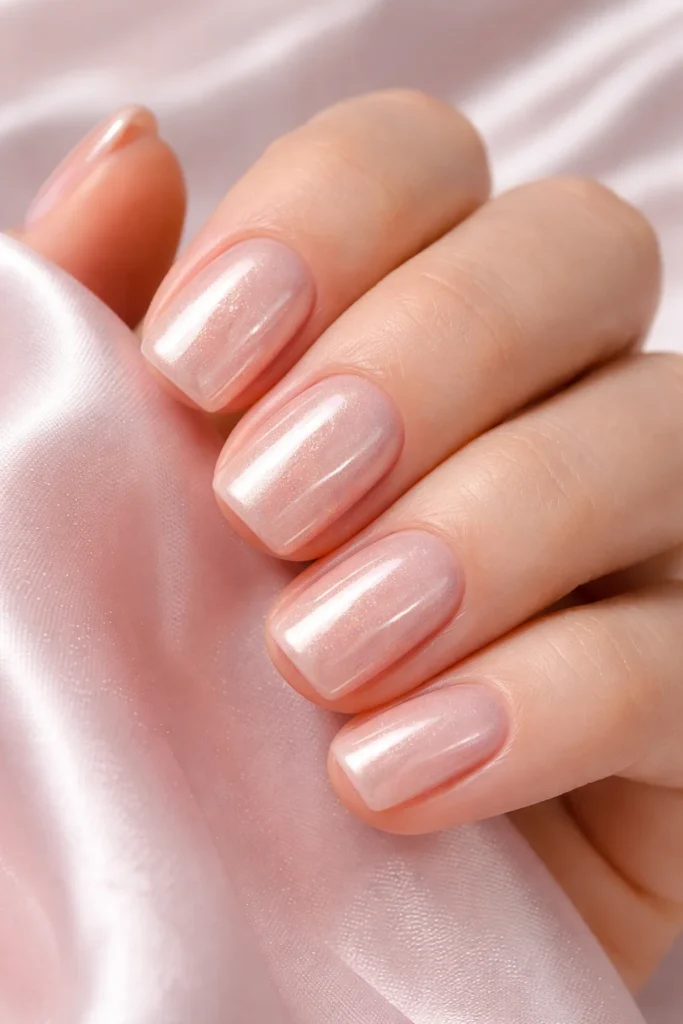 Glazed donut pearl chrome short nails for birthday