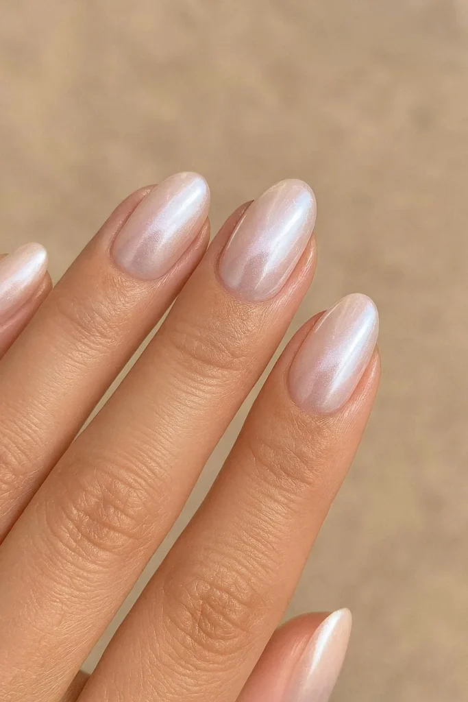 Glazed donut chrome shimmer nails in pearlescent finish