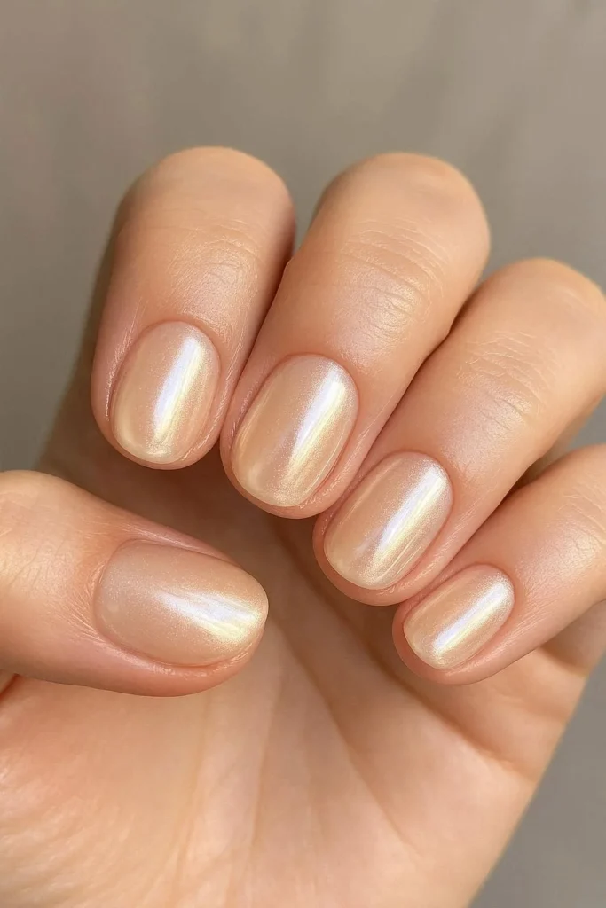 Glazed donut short acrylic nails with chrome top coat
