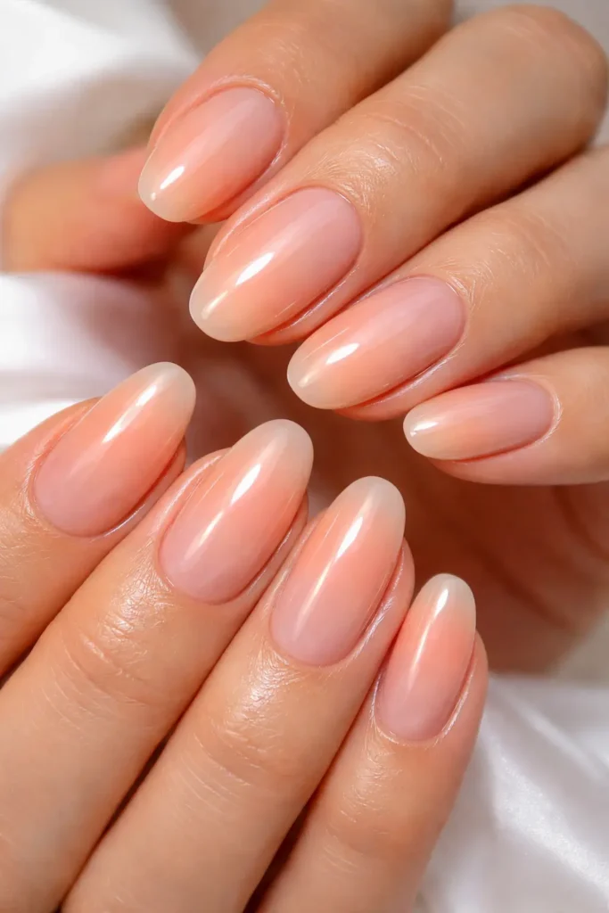 Glazed peach pastel nail ideas with jelly finish translucent sheer gloss