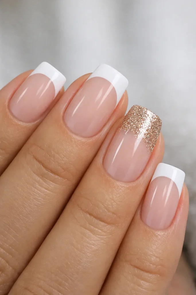 Glitter accent french tip nails with rose gold glitter tip on ring finger and white tips on remaining nails