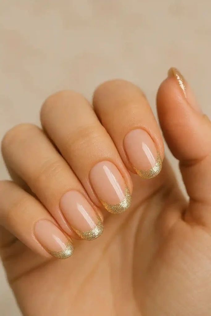 Glitter French gel tips with rose gold fine glitter strip on oval nails