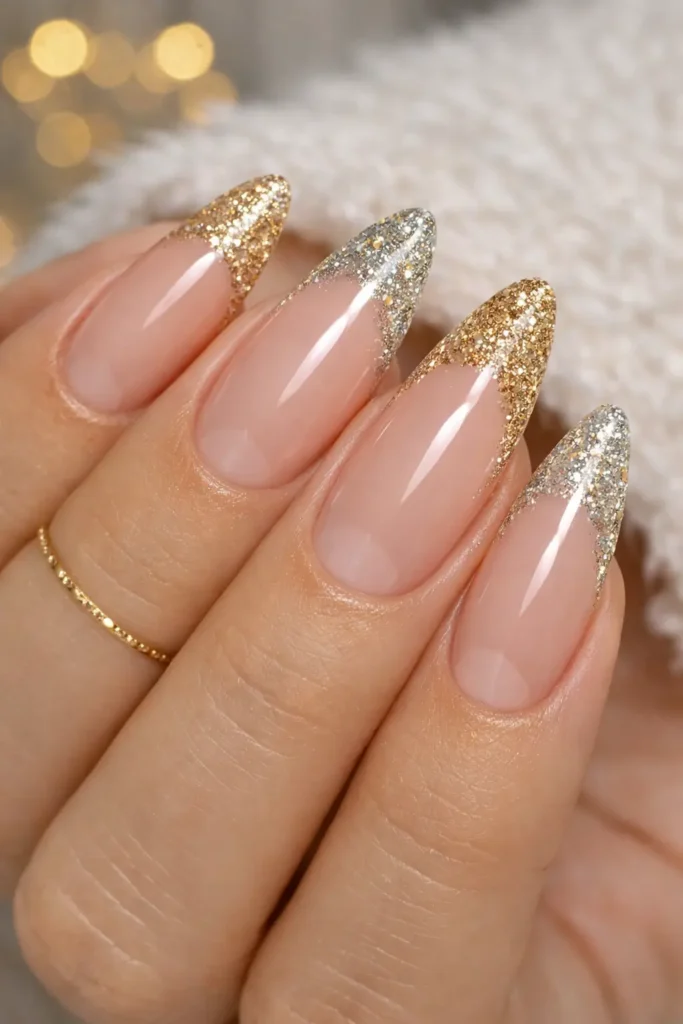 Glitter french tip nails with champagne and gold shimmer tips on nude base