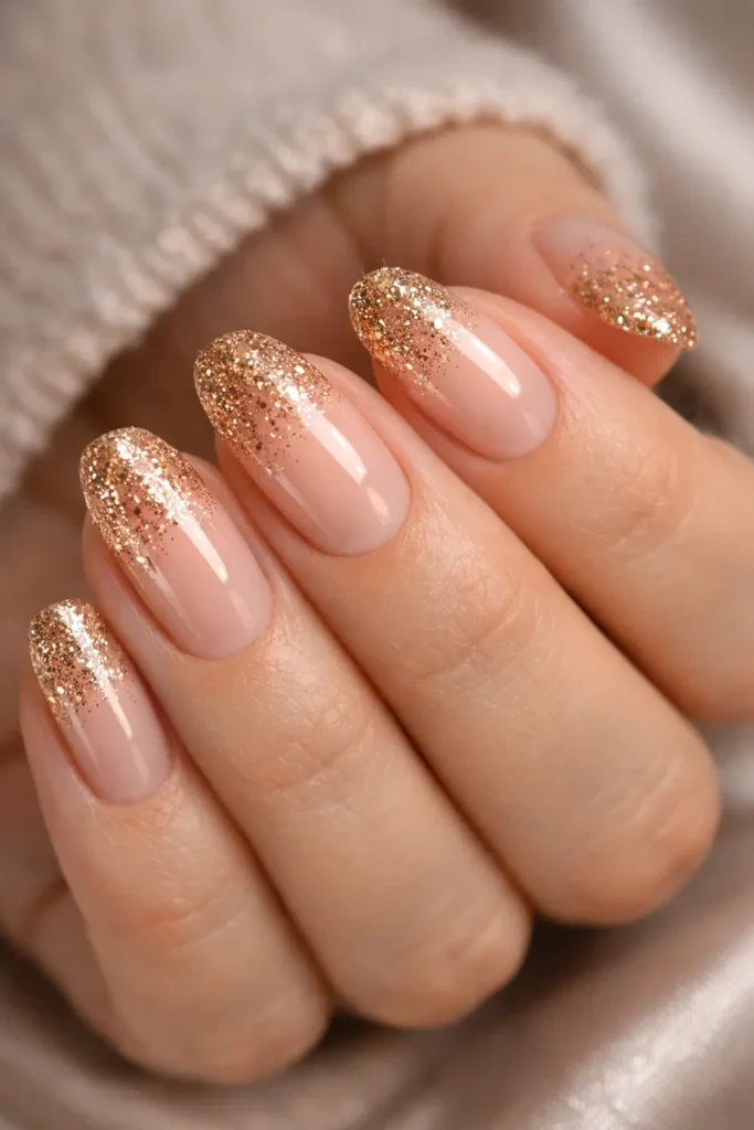 glitter ombre nails with rose gold glitter tips fading over sheer nude base
