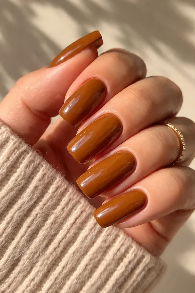 Glossy caramel brown nails high shine