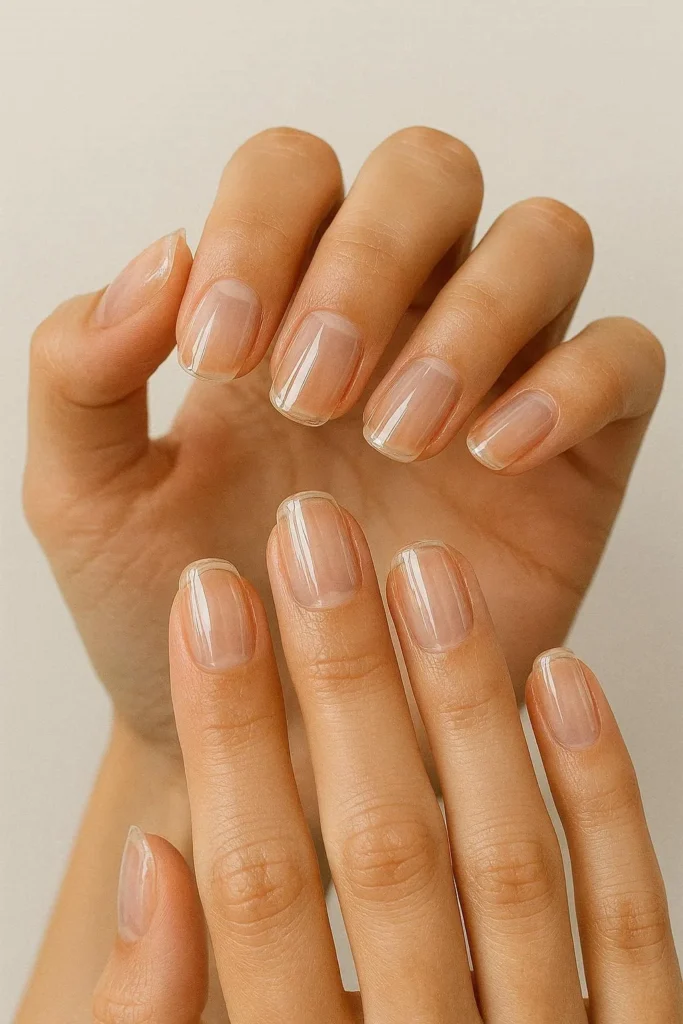 Glossy transparent clear nails with a natural glass like shine finish
