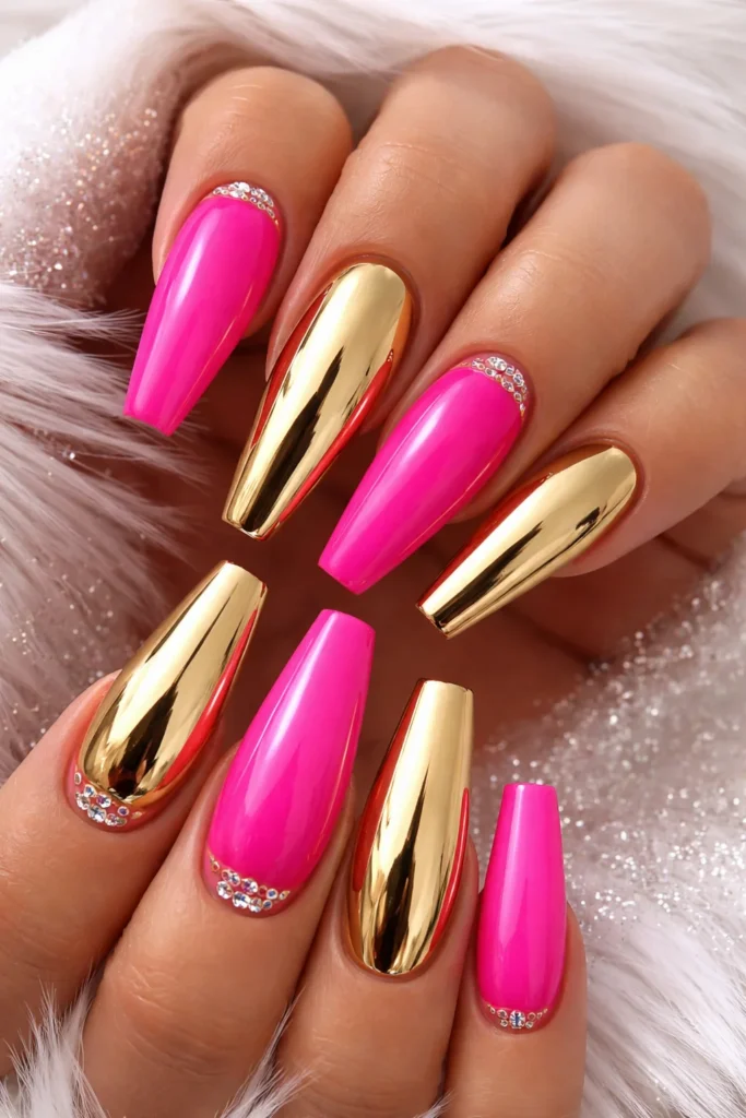 Hot pink nails with mirror gold chrome powder finish on coffin shape