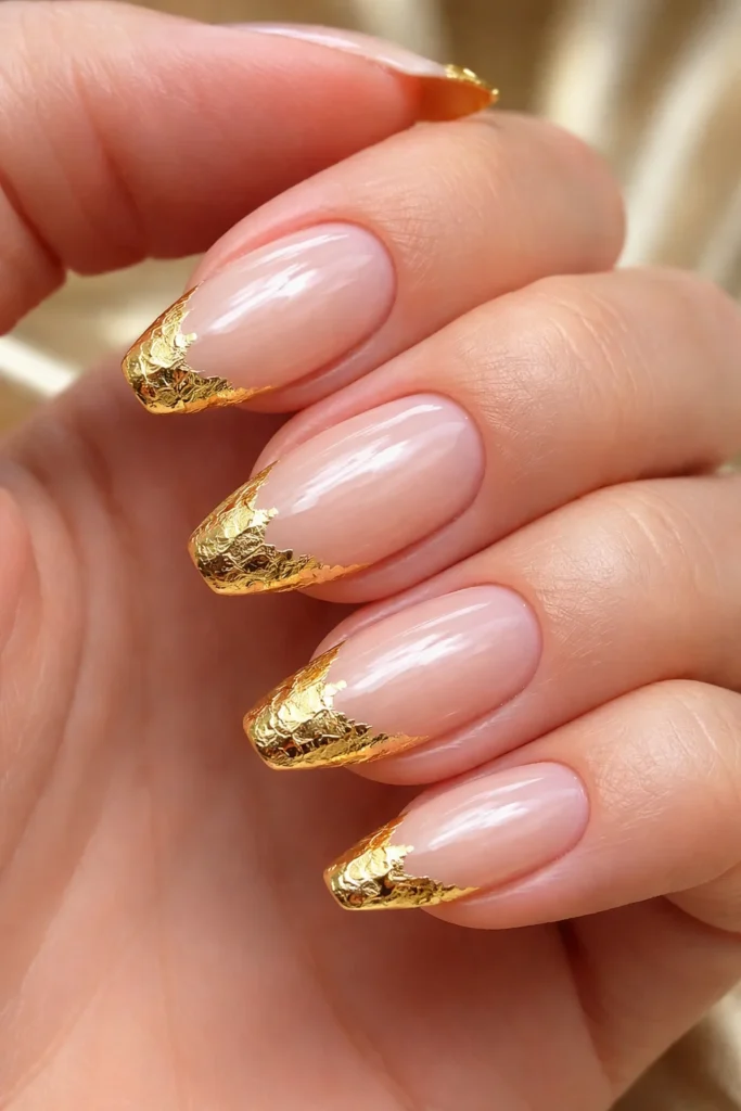 Gold foil French tip nails for a glam birthday manicure