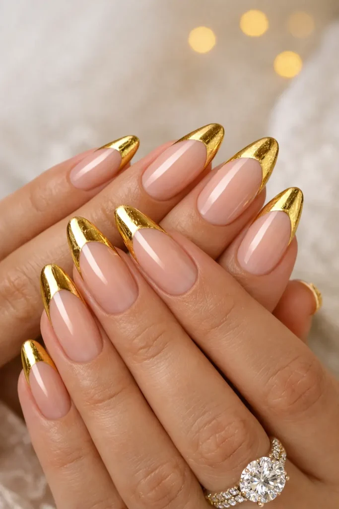 Gold french tip nails with metallic foil tips on soft nude cream base