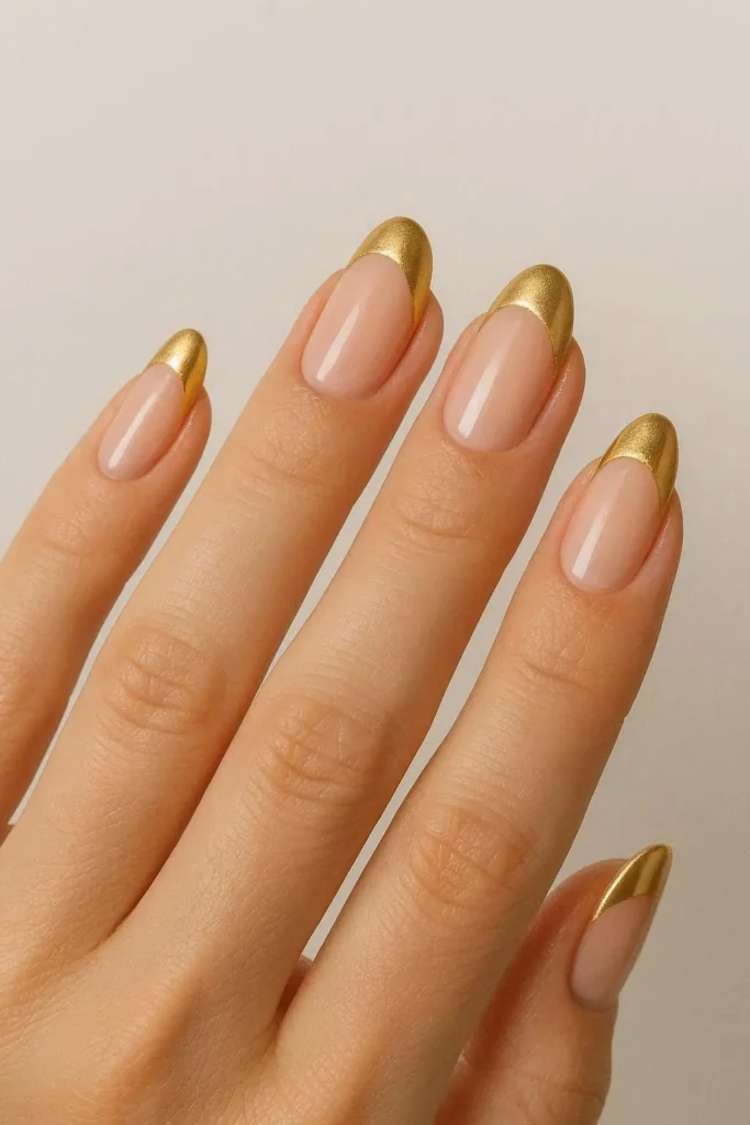 Classic French tip nails with a metallic gold edge