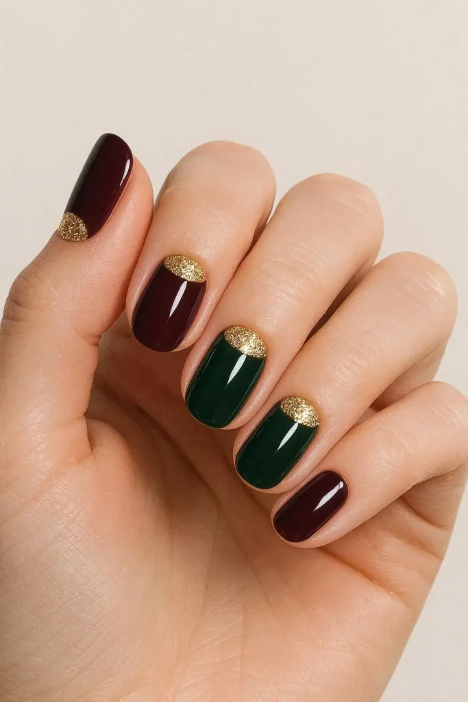 Gold glitter half moon nails on a deep burgundy base