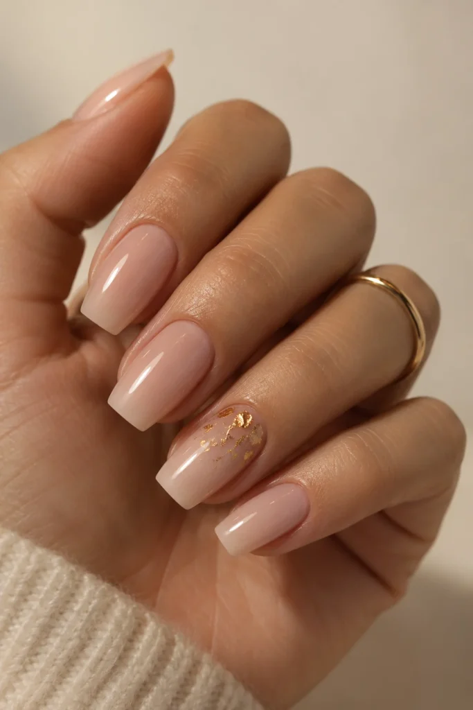 Nude minimalist nails with gold leaf flakes accent