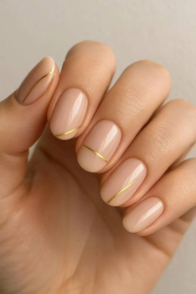 Thin gold line accent on nude minimalist nails

