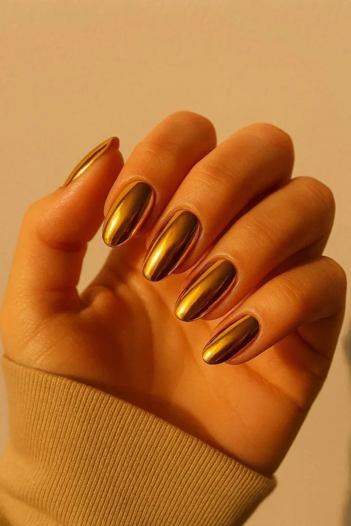 Golden hour chrome nails with warm metallic mirror finish for late summer
