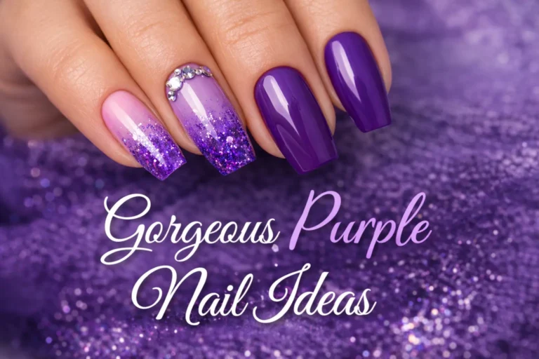 Close-up of a hand with purple ombre nails adorned with glitter and rhinestones, showcasing elegant purple nail art ideas