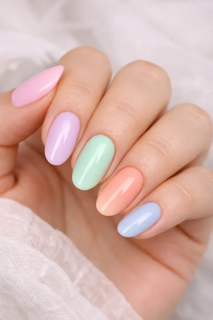 Gradient pastel spring nails with each nail painted in a different pastel shade from baby pink to lavender mint peach and baby blue