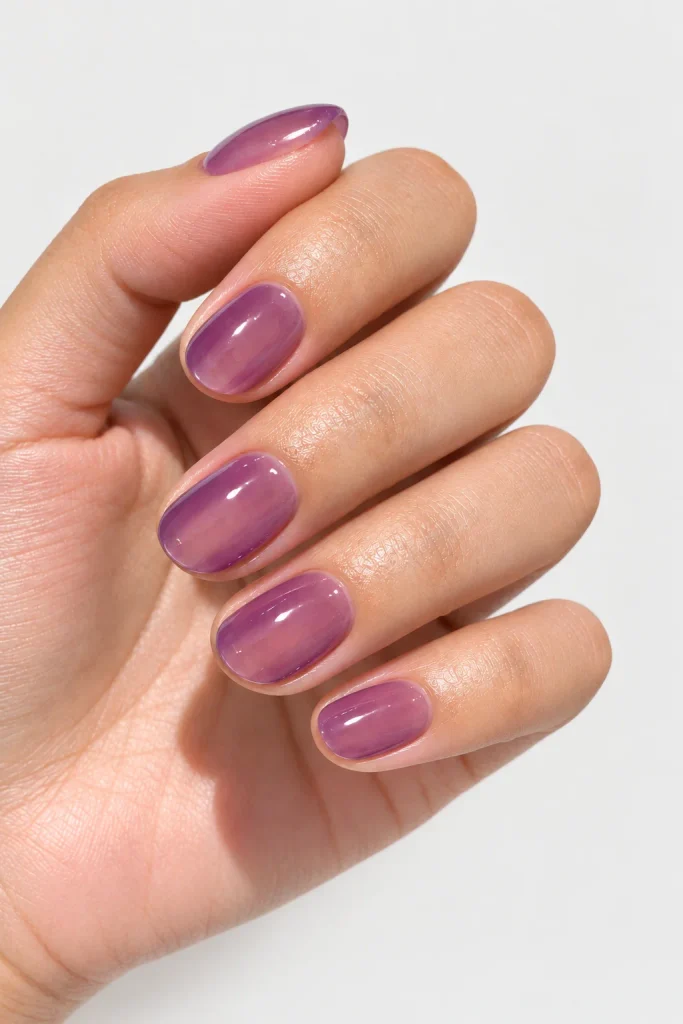 Translucent grape jelly nails with glossy candy finish 