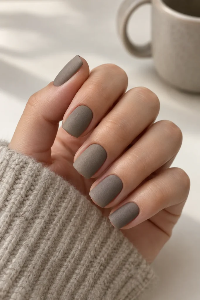 Greige velvet matte minimalist nails on short square tips