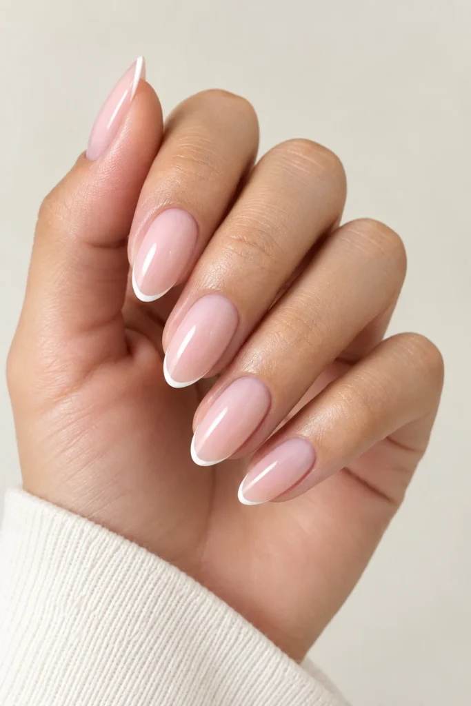 Hairline French tip manicure with sheer pink base