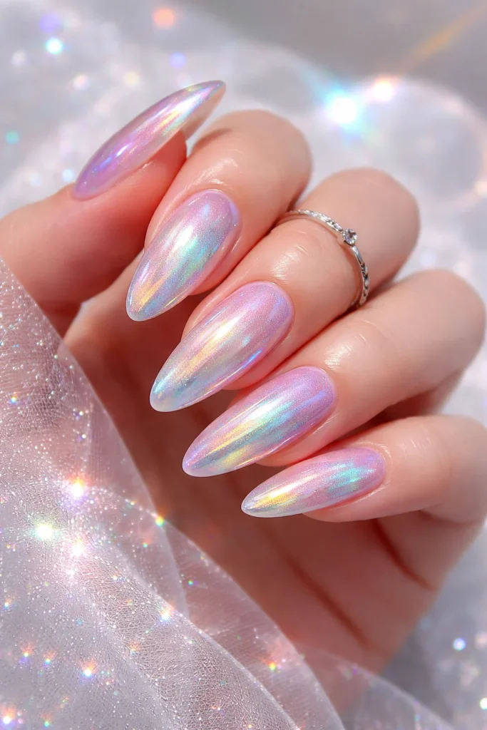 Holographic aurora powder nails with rainbow shimmer for birthday