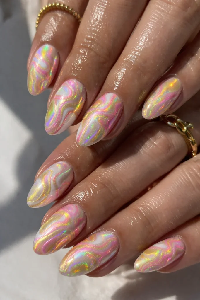 Pink and yellow holographic chrome swirl marble nails over a white base