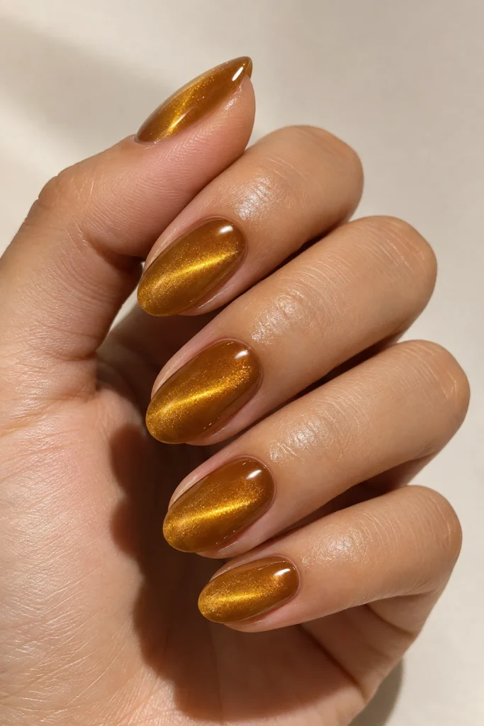 Honey yellow velvet cat-eye nails with glowing magnetic shimmer