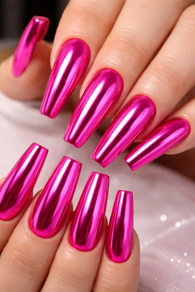 Hot pink chrome coffin nails for birthday