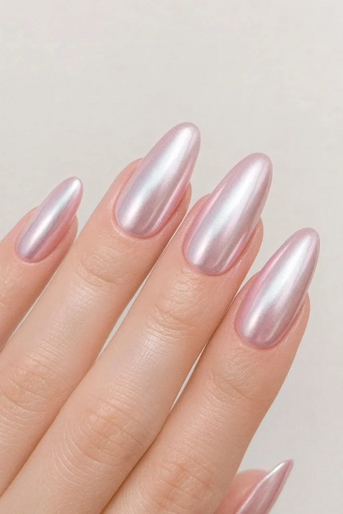 Icy pink chrome nails with a mirror like metallic shimmer finish
