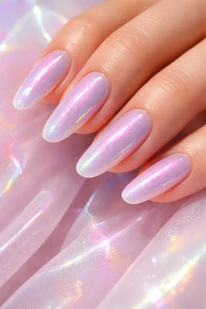 Iridescent pastel nail ideas with duochrome shimmer shifting from pink to violet to silver
