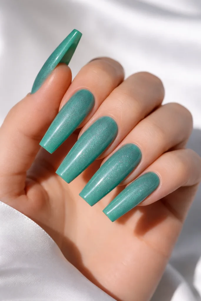 Long jade green acrylic nails in a coffin shape with a bold and clean finish