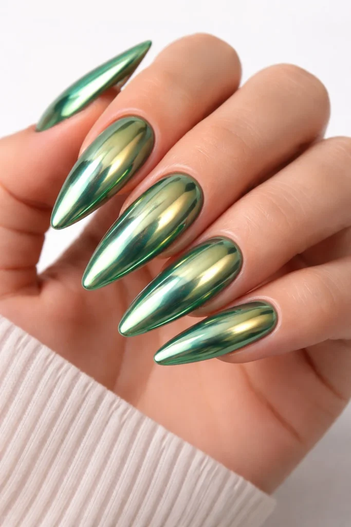 Jade chrome nails with a liquid metal finish that shifts between green and gold