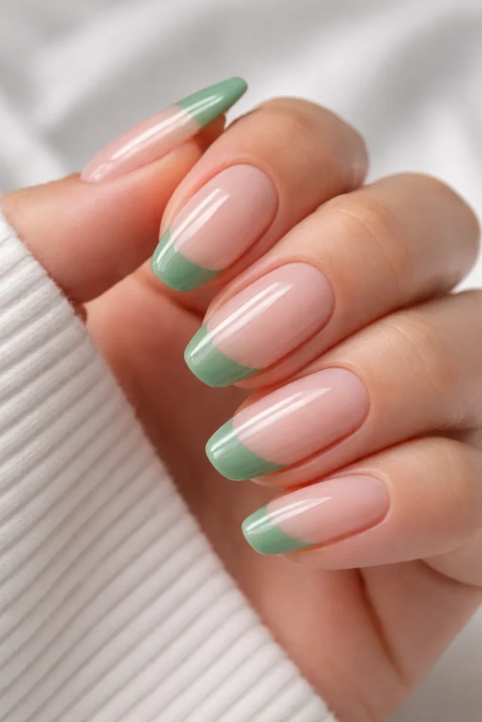 Jade green French tip nails with a nude base and soft green tips on short nails