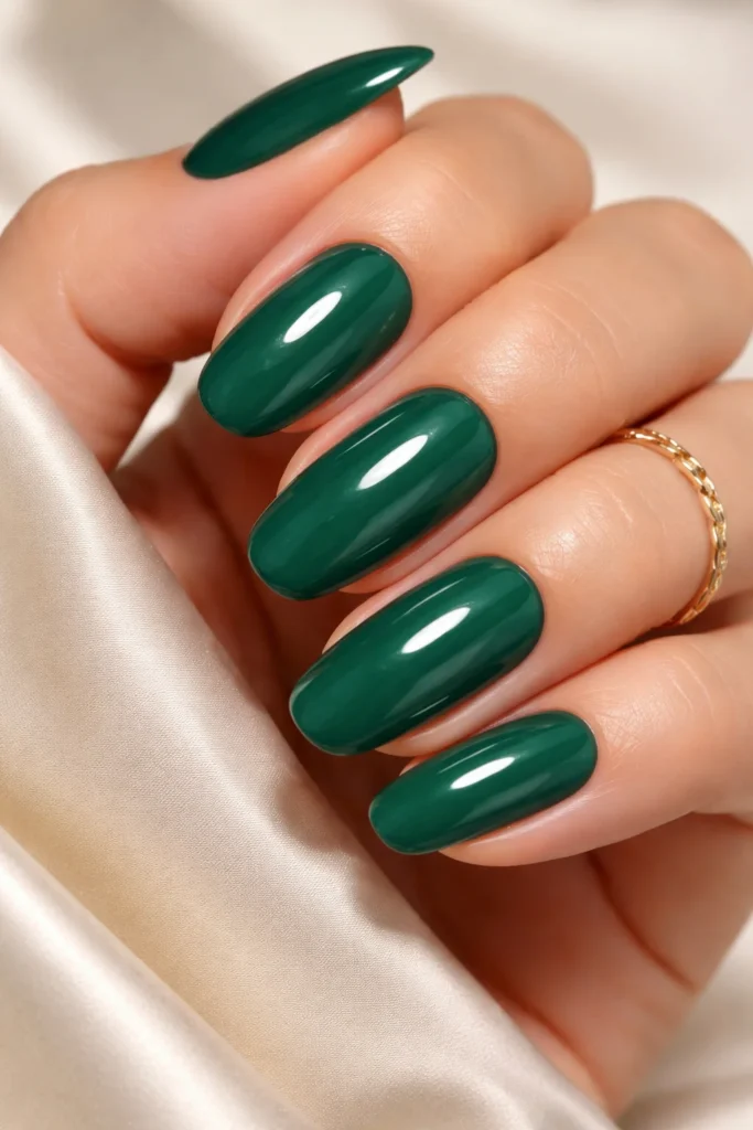 Jade gel nails in a deep saturated green with a long lasting glossy finish