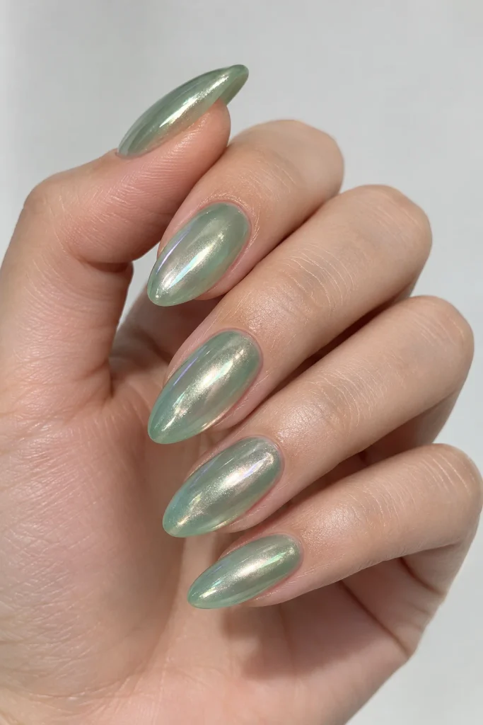 Jade almond nails with a pearlescent glazed chrome finish.