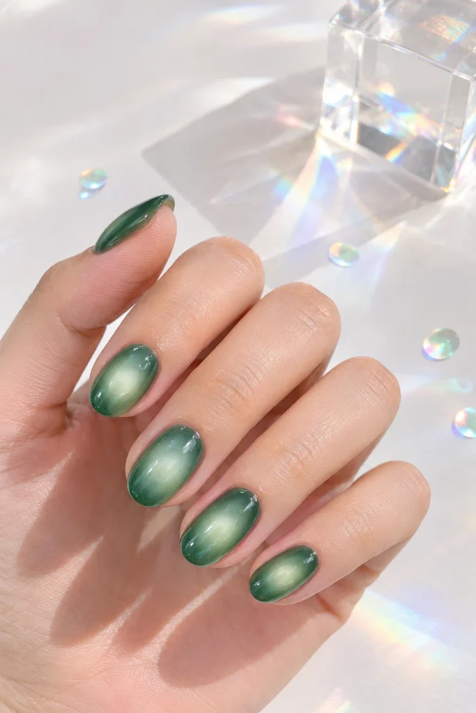 Jade aura nails with a soft mint center fading into deep green edges.