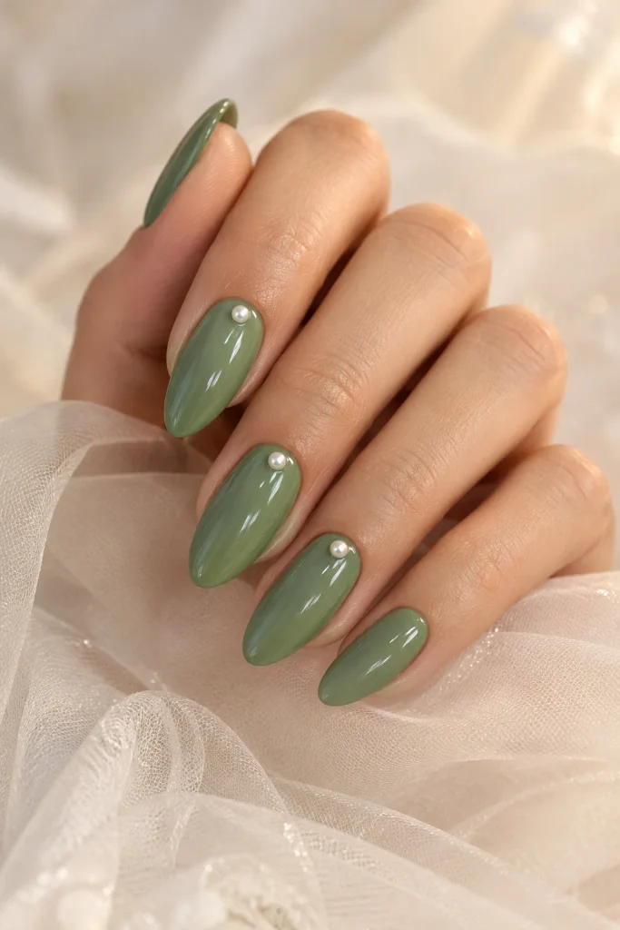 Glossy jade almond nails adorned with small white pearl accents.